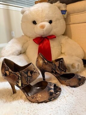 Women's Snake-Print Peep Toe High Heels - Brown by Preview size 7